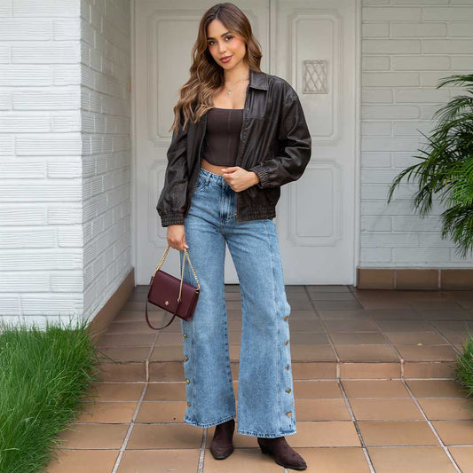 JEANS MUJER MOM FLARE RIGIDO TIRO ALTO 9300