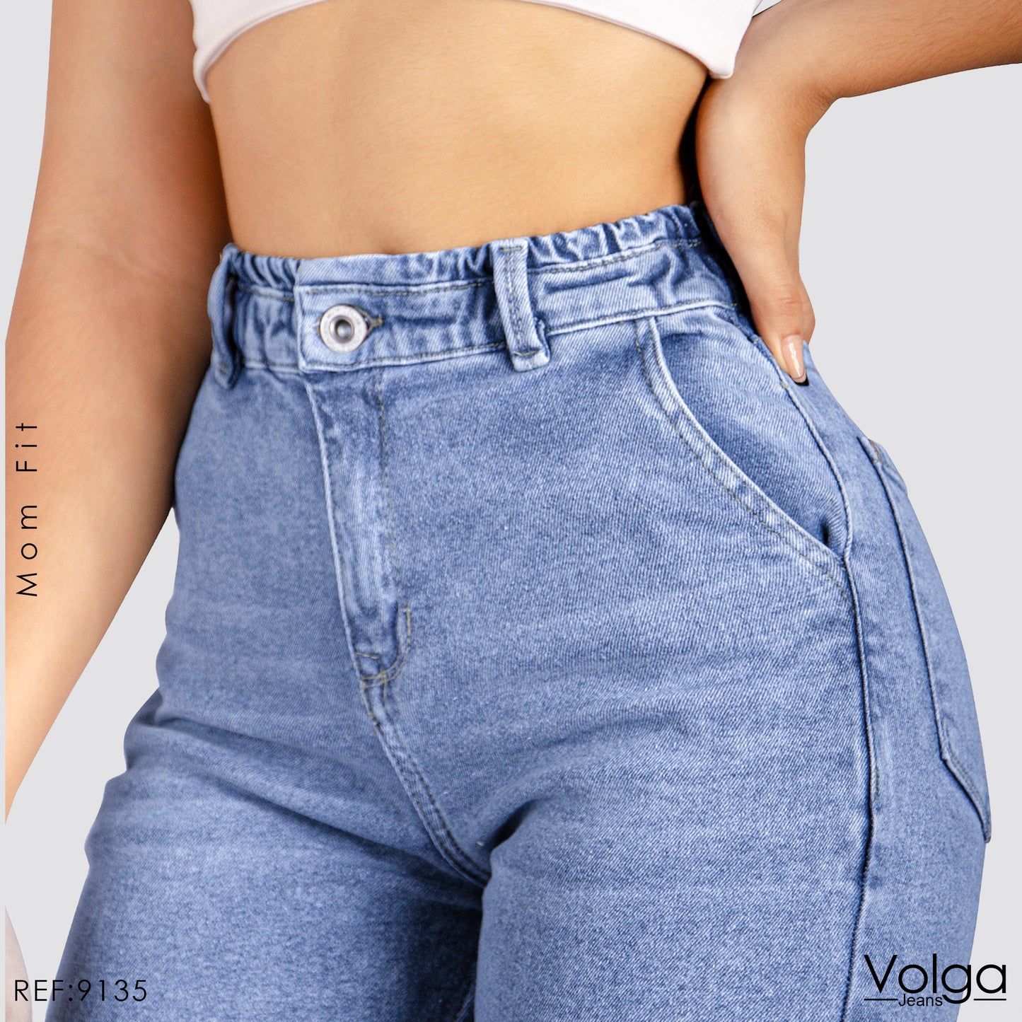 JEANS MUJER MOM TIRO ALTO PRETINA RESORTADA 9135 CLARO