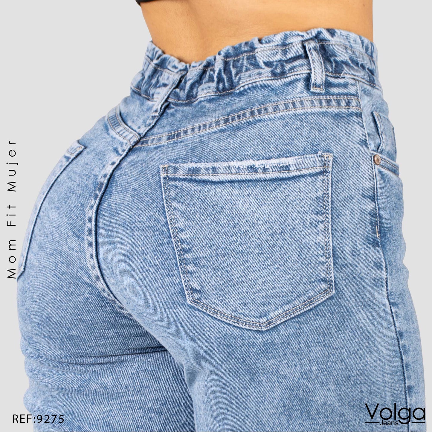 JEANS MUJER MOM FIT TIRO ALTO PRETINA RESORTADA 9275