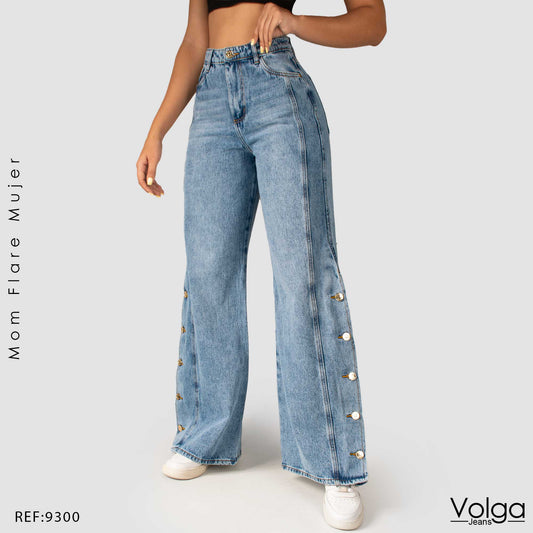 JEANS MUJER MOM FLARE RIGIDO TIRO ALTO 9300
