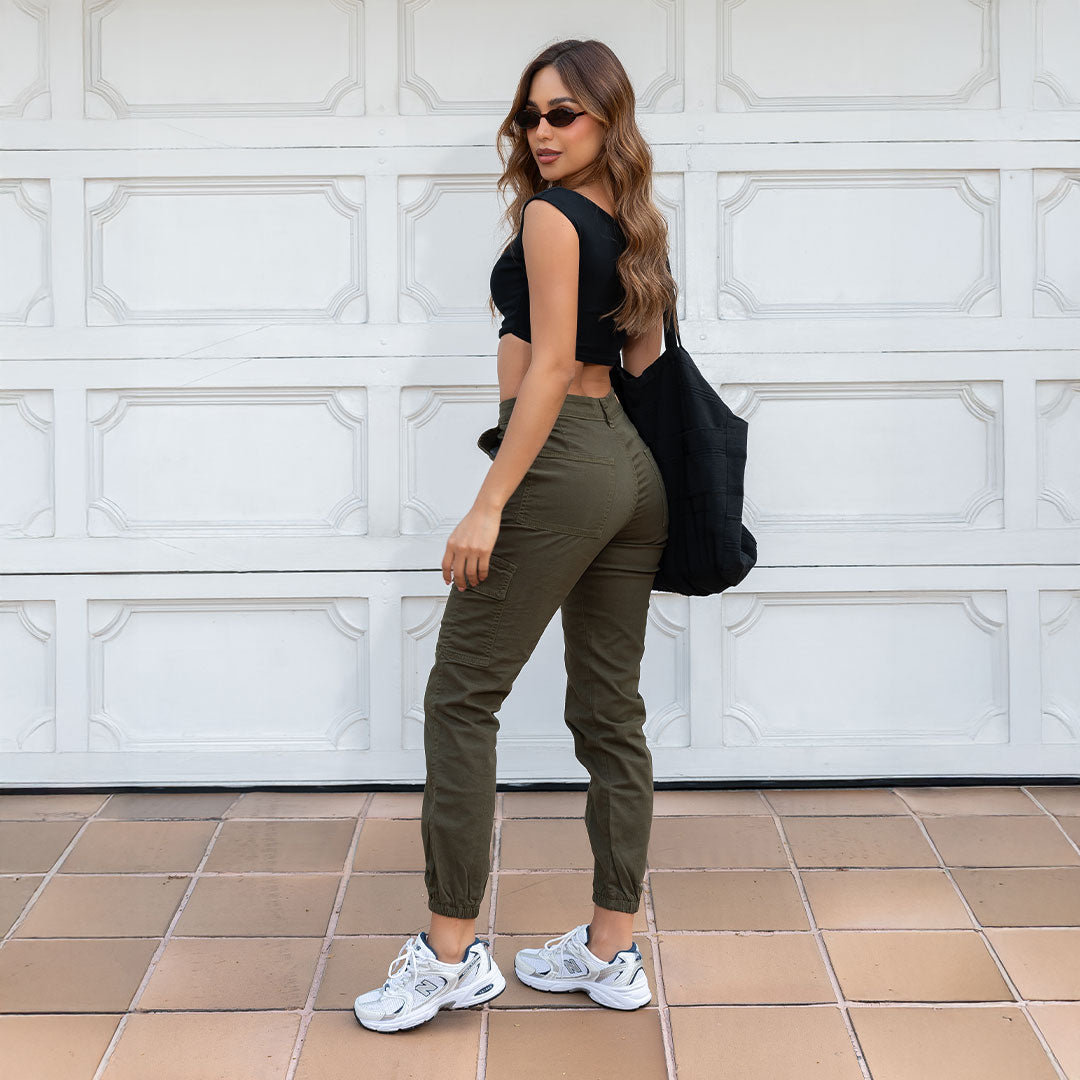 PANTALON DRILL MUJER CARGO TIRO ALTO 9301