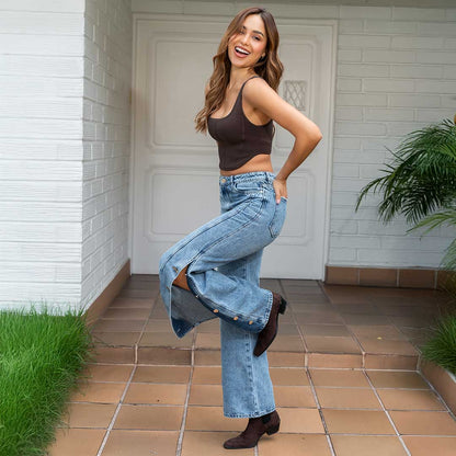 JEANS MUJER MOM FLARE RIGIDO TIRO ALTO 9300