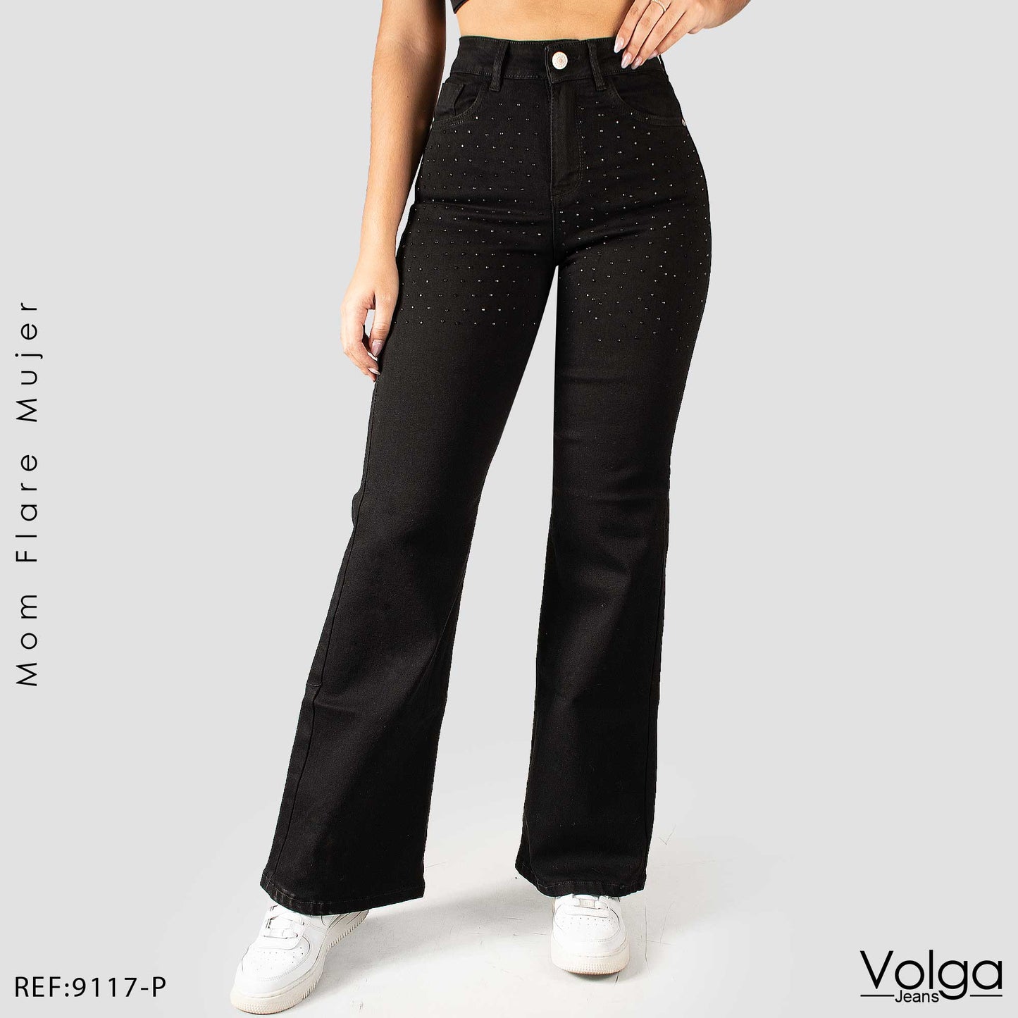 JEANS MUJER MOM FLARE NEGRO TIRO ALTO 9117-P