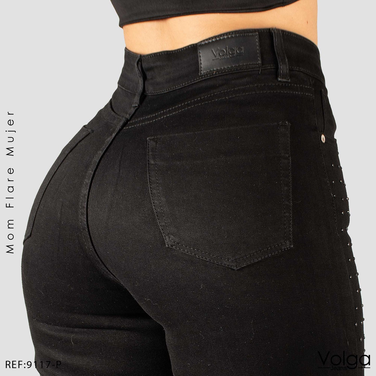 JEANS MUJER MOM FLARE NEGRO TIRO ALTO 9117-P