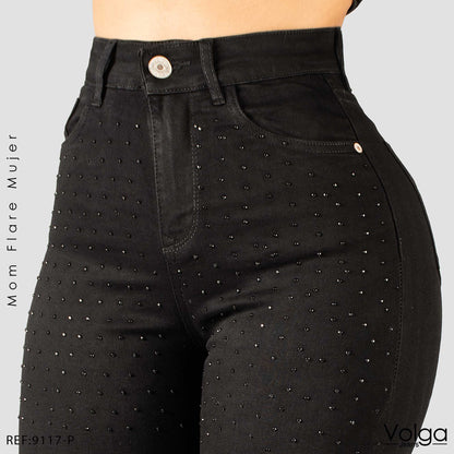 JEANS MUJER MOM FLARE NEGRO TIRO ALTO 9117-P