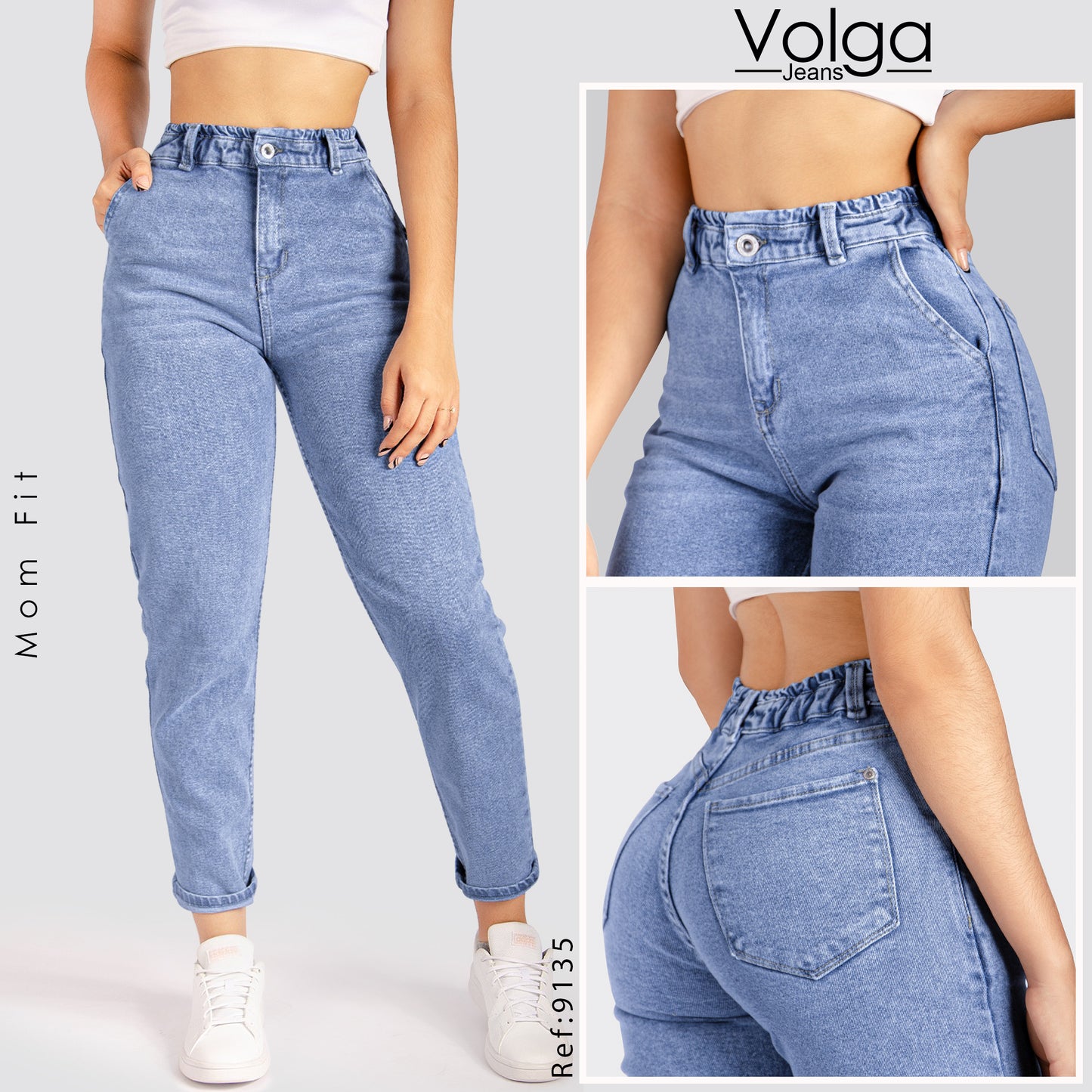 JEANS MUJER MOM TIRO ALTO PRETINA RESORTADA 9135 CLARO