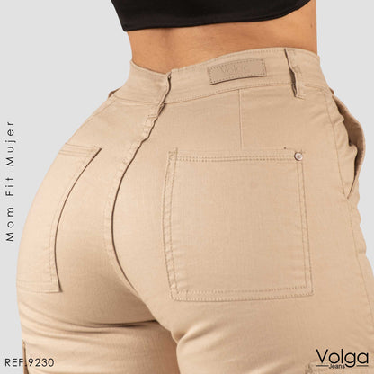 PANTALON DRILL CARGO MUJER MOM FIT TIRO ALTO 9230