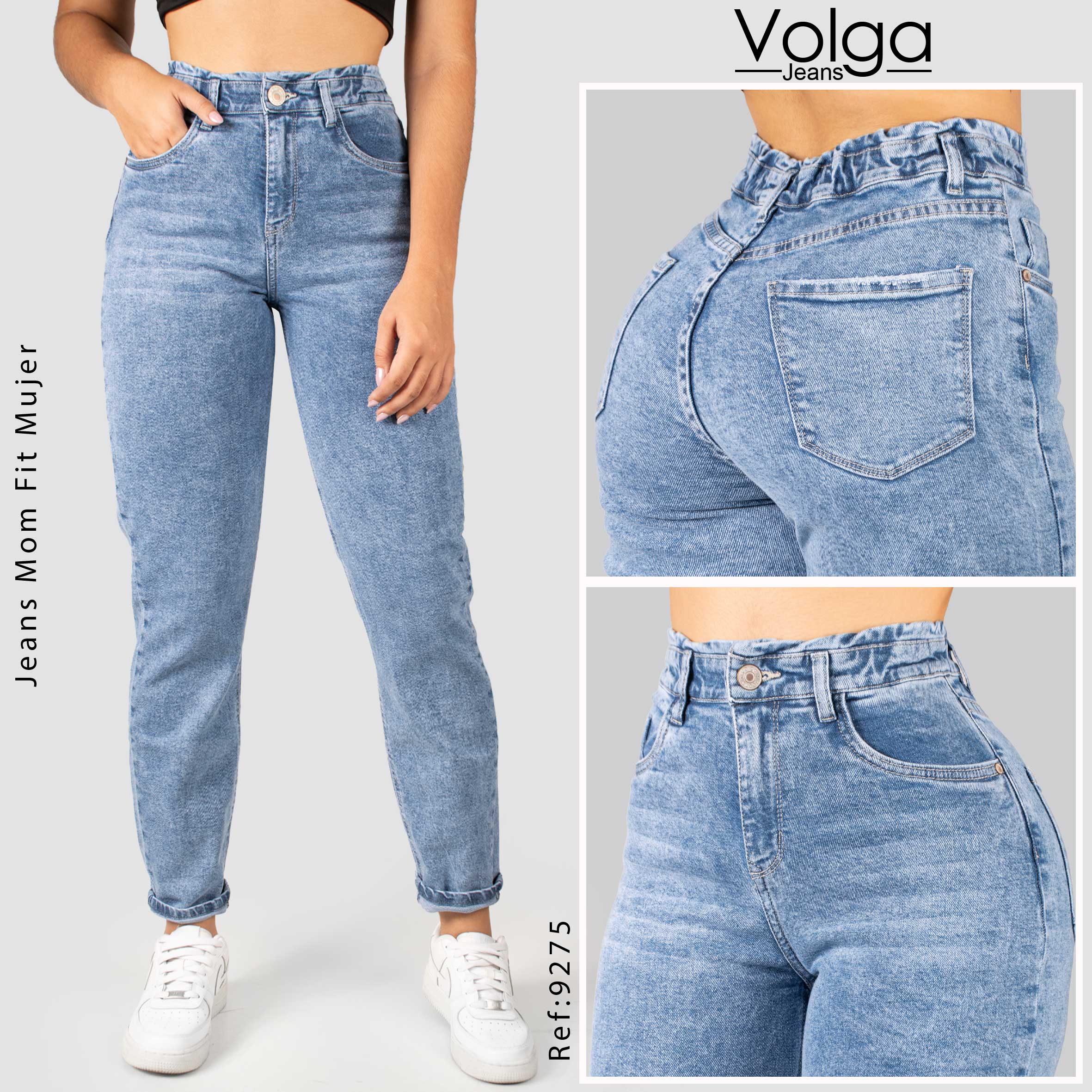 JEANS MUJER MOM FIT TIRO ALTO PRETINA RESORTADA  9275