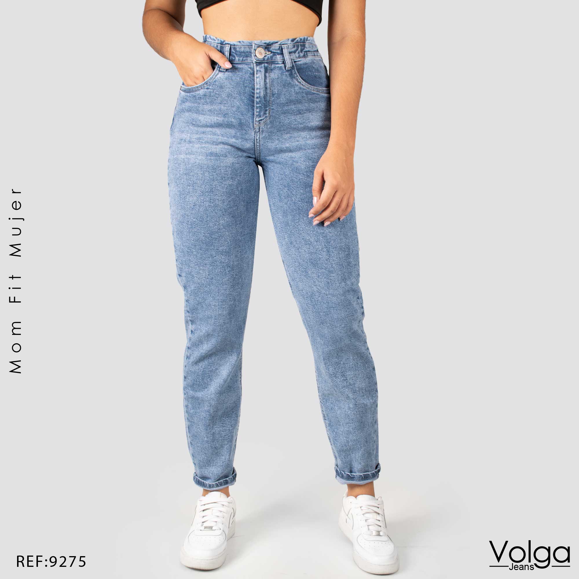 JEANS MUJER MOM FIT TIRO ALTO PRETINA RESORTADA  9275