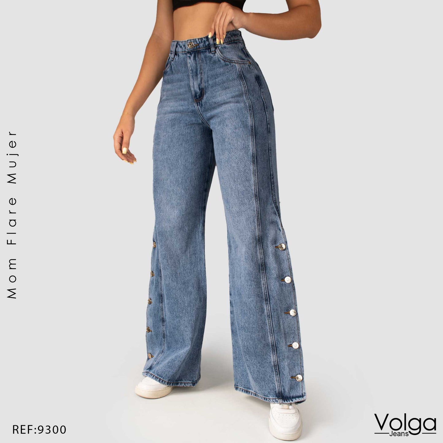 JEANS MUJER MOM FLARE RIGIDO TIRO ALTO 9300