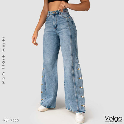 JEANS MUJER MOM FLARE RIGIDO TIRO ALTO 9300