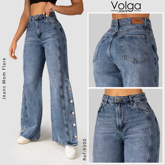 JEANS MUJER MOM FLARE RIGIDO TIRO ALTO 9300