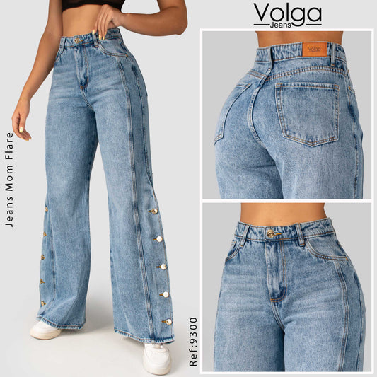 JEANS MUJER MOM FLARE RIGIDO TIRO ALTO 9300