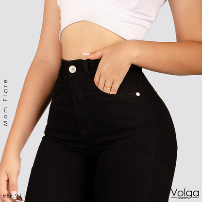 JEANS MUJER MOM FLARE NEGRO TIRO ALTO 9117